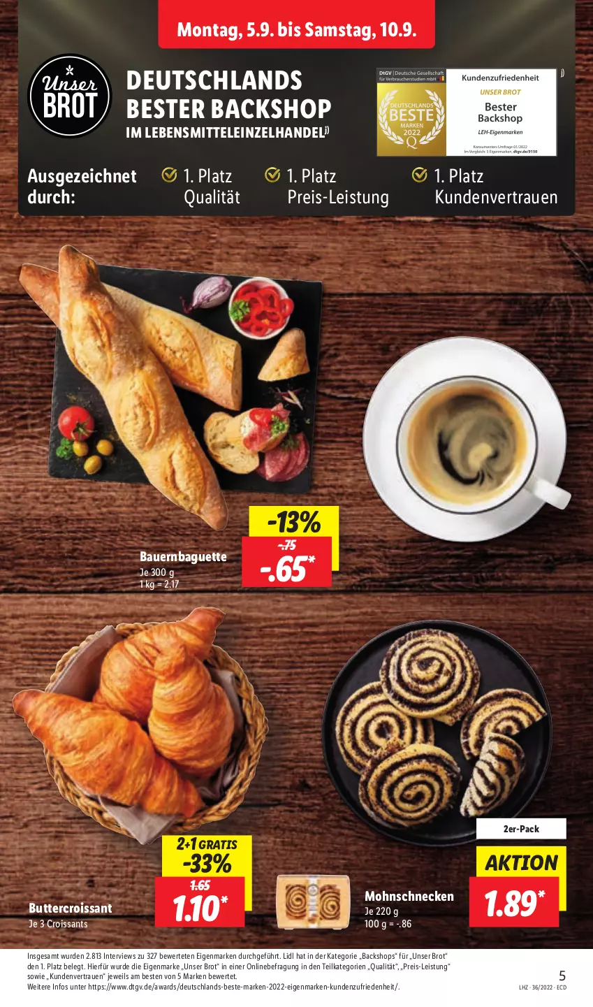 Aktueller Prospekt Lidl - Aktionsprospekt - von 05.09 bis 10.09.2022 - strona 5 - produkty: auer, baguette, Bau, Bauer, brot, butter, Croissant, croissants, eis, lebensmittel, reis, Ti