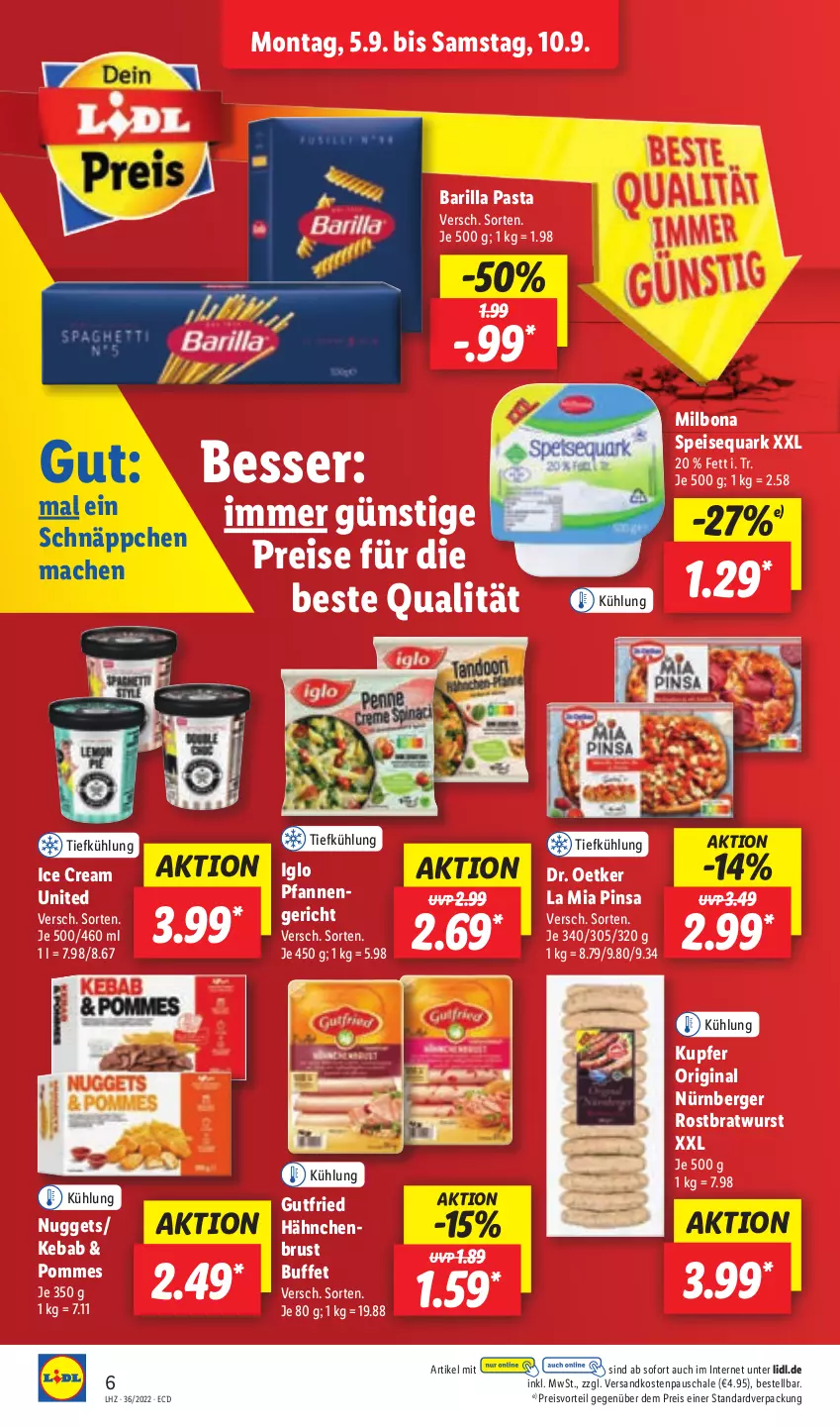 Aktueller Prospekt Lidl - Aktionsprospekt - von 05.09 bis 10.09.2022 - strona 6 - produkty: barilla, Berger, Bona, bratwurst, Dr. Oetker, eis, gin, gutfried, iglo, mac, Milbona, ndk, nuggets, nürnberger, pasta, pfanne, pfannen, pommes, preisvorteil, quark, reis, rostbratwurst, Schal, Schale, schnäppchen, speisequark, Ti, wurst