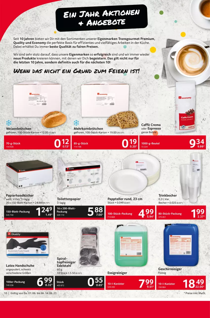 Aktueller Prospekt Selgros - Gastronomie - von 01.06 bis 14.06.2023 - strona 10 - produkty: angebot, angebote, Becher, bohne, brötchen, caffe, edelstahl, eier, eis, elle, ente, espresso, essig, geschirr, handschuhe, handtücher, korn, küche, LG, mehrkornbrötchen, oder espresso, papier, reiniger, reis, schuhe, teller, Ti, toilettenpapier, topf, trinkbecher, tücher, weizenbrötchen, ZTE