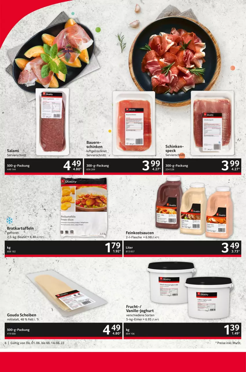 Aktueller Prospekt Selgros - Gastronomie - von 01.06 bis 14.06.2023 - strona 6 - produkty: auer, Bau, Bauer, beutel, eimer, eis, feinkost, flasche, frucht, gouda, joghur, joghurt, kartoffel, kartoffeln, reis, salami, sauce, saucen, schinken, Speck, Ti, vanille