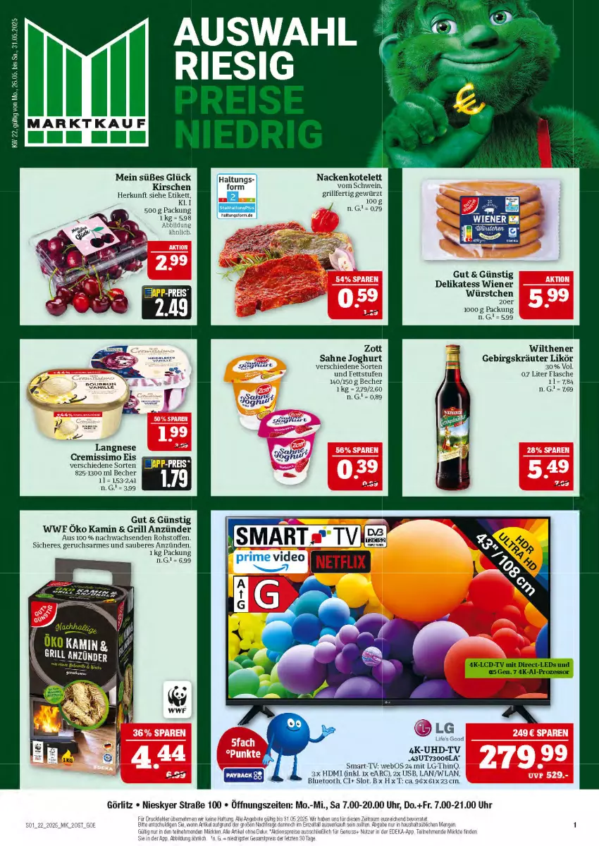 Aktueller Prospekt Marktkauf - Prospekt - von 25.05 bis 31.05.2025 - strona 1 - produkty: anzünder, Becher, cremissimo, eis, flasche, gewürz, grill, HDMI, joghur, joghurt, Kamin, kirsch, kirsche, kirschen, kotelett, kräuter, langnese, langnese cremissimo, LG, likör, reis, sahne, sahne joghurt, schwein, sim, Ti, uhd, UHD-TV, usb, wein, wiener, wilthener, würstchen, Yo, zott