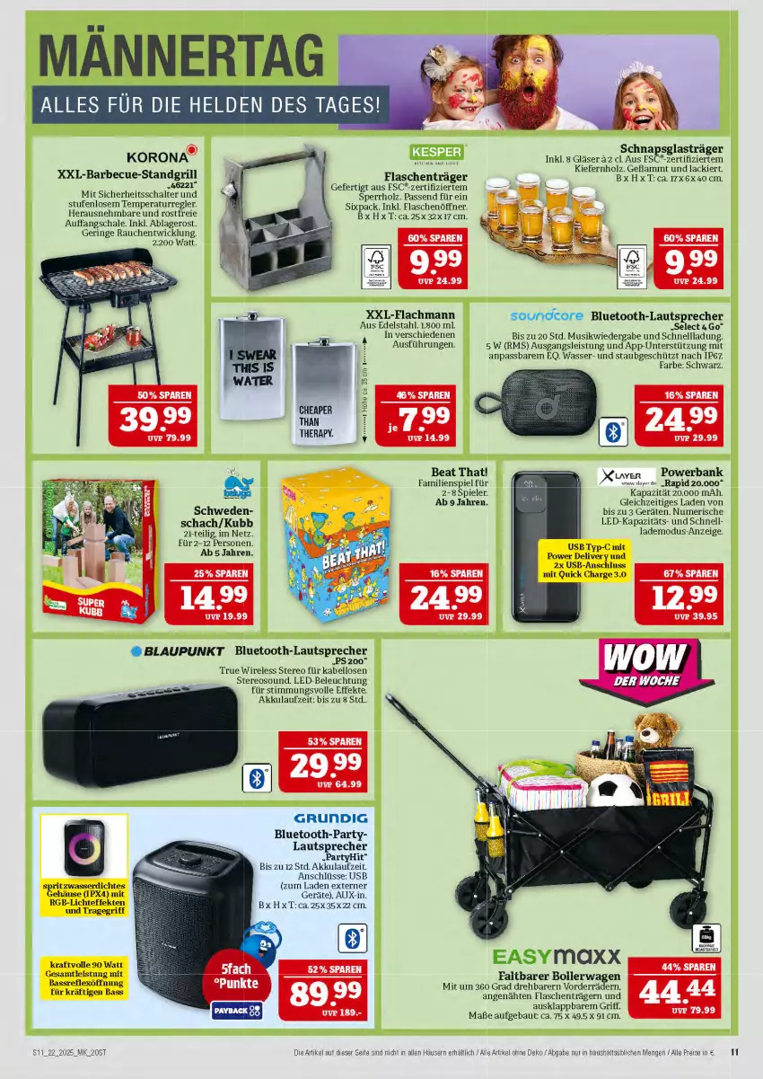 Aktueller Prospekt Marktkauf - Prospekt - von 25.05 bis 31.05.2025 - strona 11 - produkty: akku, Bank, barbecue, Bau, beleuchtung, blaupunkt, bluetooth-lautsprecher, bollerwagen, edelstahl, eis, erde, Faltbarer Bollerwagen, Familienspiel, flasche, flaschenöffner, Gläser, grill, grundig, Holz, kraft, lack, lamm, lautsprecher, led-beleuchtung, powerbank, Rauch, reis, rel, ring, Schal, Schale, Spiele, standgrill, Ti, tragegriff, usb, wasser, WICK