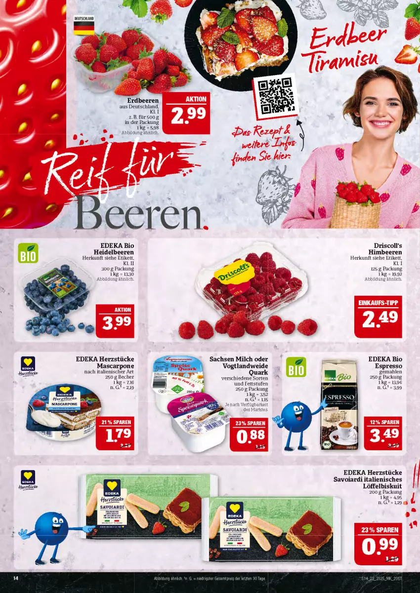 Aktueller Prospekt Marktkauf - Prospekt - von 25.05 bis 31.05.2025 - strona 14 - produkty: Becher, beere, beeren, bio, deka, driscoll's, edeka bio, eier, erdbeere, erdbeeren, espresso, heidelbeere, heidelbeeren, himbeer, himbeere, himbeeren, Löffel, mascarpone, milch, quark, sac, Ti, zucker