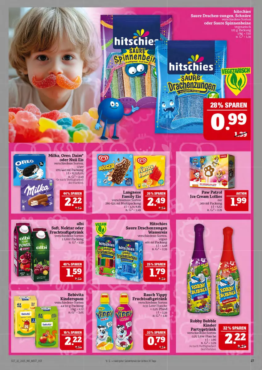 Aktueller Prospekt Marktkauf - Prospekt - von 25.05 bis 31.05.2025 - strona 27 - produkty: bebivita, daim, eis, flasche, frucht, getränk, Kinder, langnese, milka, Nektar, nuii, oreo, Paw Patrol, Rauch, reis, robby, saft, Ti, Vegeta, vita, wasser, wassereis, ZTE