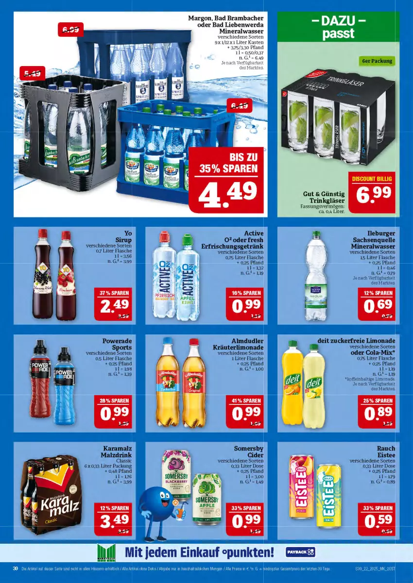 Aktueller Prospekt Marktkauf - Prospekt - von 25.05 bis 31.05.2025 - strona 30 - produkty: almdudler, Alwa, Bad, Bad Liebenwerda, burger, cider, cola, deit, drink, eis, eistee, elle, erfrischungsgetränk, flasche, getränk, Gläser, karamalz, kräuter, limo, limonade, malz, mineralwasser, pfirsich, rama, Rauch, sac, sirup, somersby, Sport, tee, Ti, wasser, Yo, zucker