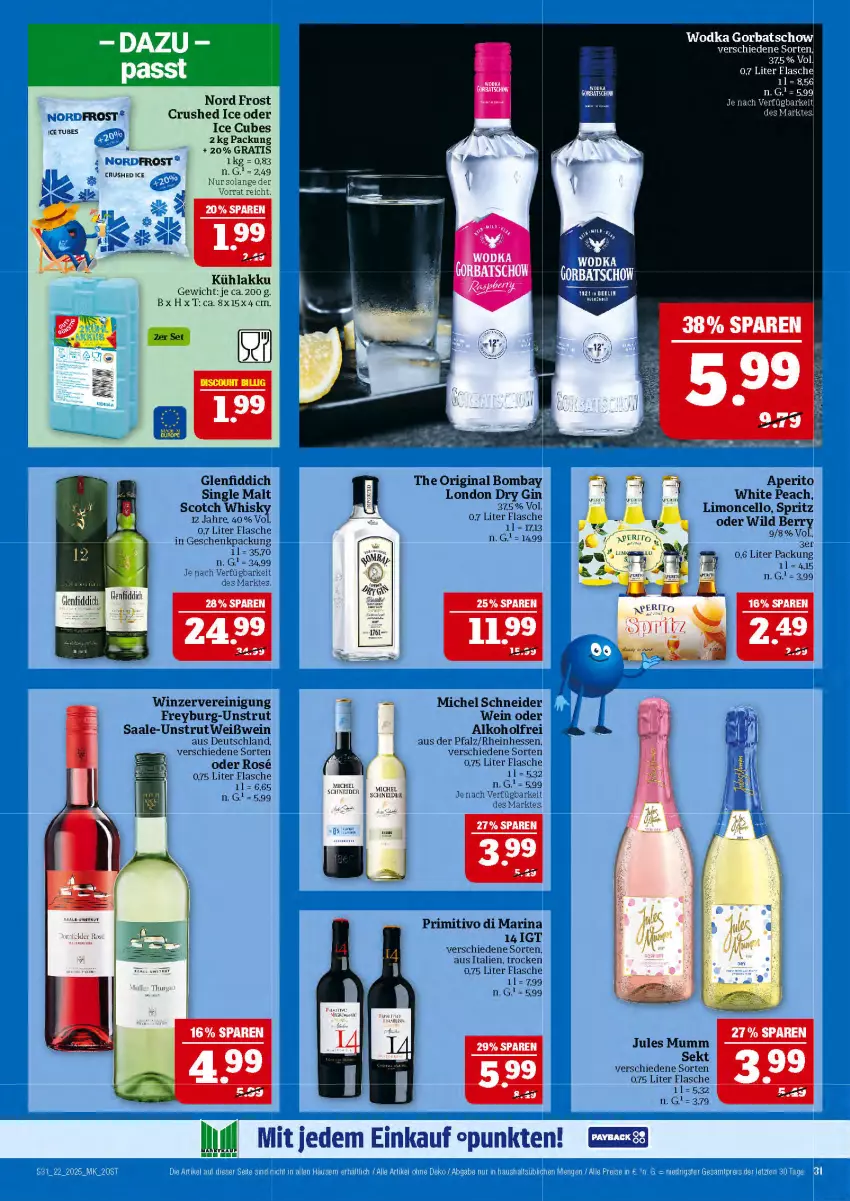 Aktueller Prospekt Marktkauf - Prospekt - von 25.05 bis 31.05.2025 - strona 31 - produkty: akku, alkohol, crushed ice, dry gin, flasche, geschenkpackung, gin, Gorbatschow, jules mumm, kühlakku, limo, london dry, london dry gin, Michel Schneider, mumm, primitivo, Reinigung, scotch, scotch whisky, sekt, single malt, Ti, wein, Weißwein, whisky, Wild, wild berry, wodka