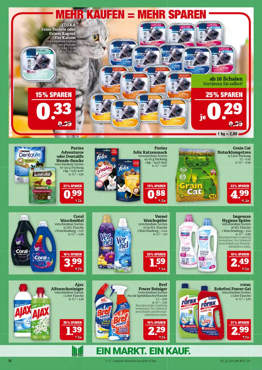 Aktueller Prospekt Marktkauf - Prospekt - von 25.05 bis 31.05.2025 - strona 32 - produkty: adventuros, ajax, allzweckreiniger, bio, biozidprodukte, Bref, bref power, Coral, eis, felix, flasche, katzensnack, klumpstreu, natur, power-gel, purina, Rauch, reiniger, reis, resa, rorax, rwe, Schal, Schale, snack, snacks, sprühflasche, Ti, Tiere, vernel, waschmittel, weck, weichspüler, ZTE