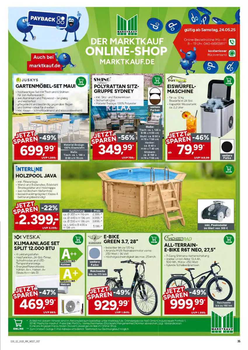 Aktueller Prospekt Marktkauf - Prospekt - von 25.05 bis 31.05.2025 - strona 35 - produkty: akku, Bank, E-Bike, edelstahl, eis, eiswürfel, Garten, gartenmöbel, hocker, Holz, Kette, kissen, möbel, pool, Ria, Rückenkissen, Schal, shimano, sitzbank, Stühl, stuhl, Ti, timer, tisch, uhr, wasser, wassertank, würfel