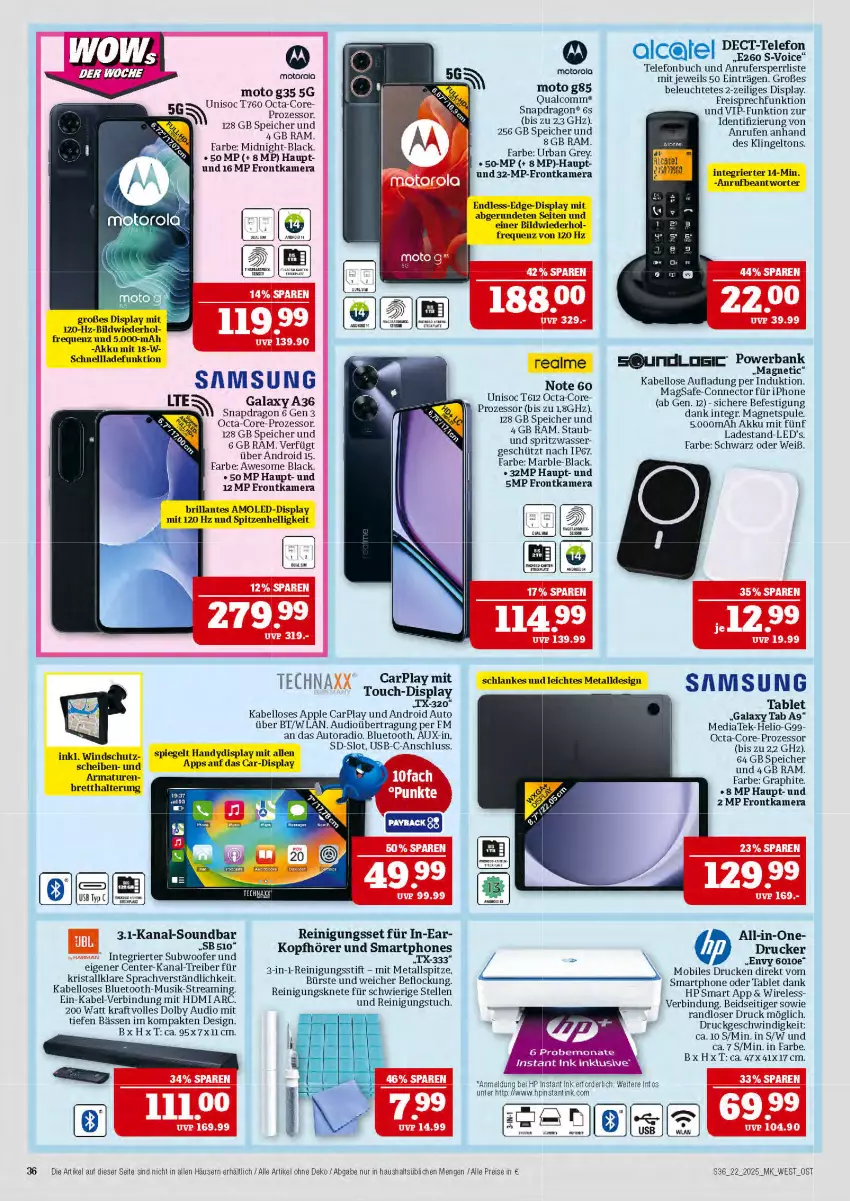 Aktueller Prospekt Marktkauf - Prospekt - von 25.05 bis 31.05.2025 - strona 36 - produkty: akku, Apple, armatur, armaturen, auto, Autoradio, Bank, buch, bürste, drucker, eis, elle, ente, frontkamera, Handy, HDMI, HP, iphone, kamera, kopfhörer, kraft, lack, Leuchte, Magnets, motorola, powerbank, Radio, Reinigung, reis, rel, Samsung, schnellladefunktion, smartphone, smartphones, soundbar, spiegel, Subwoofer, tablet, telefon, Ti, tuc, usb, wasser, Windschutz