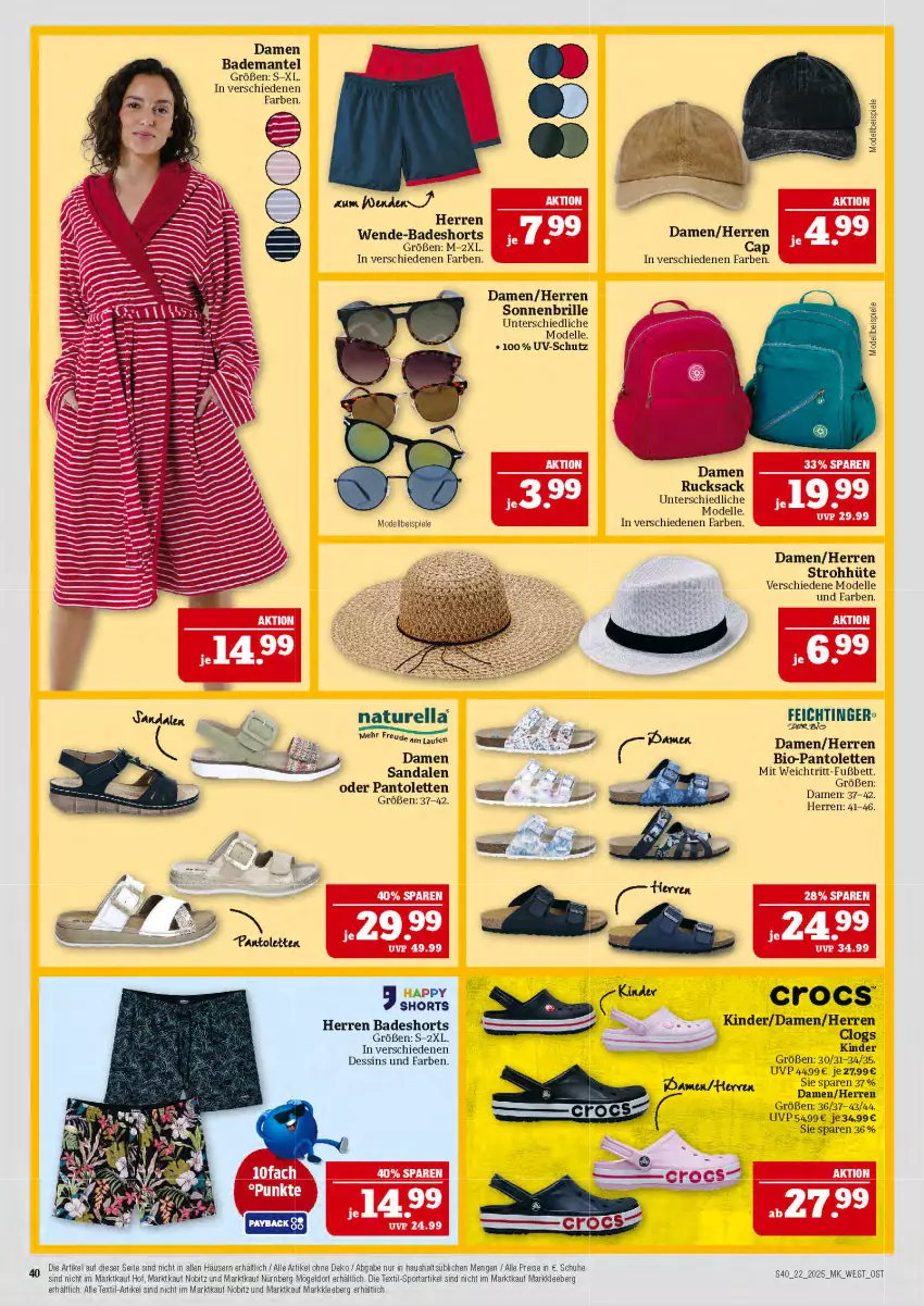 Aktueller Prospekt Marktkauf - Prospekt - von 25.05 bis 31.05.2025 - strona 40 - produkty: Bad, Bademantel, badeshorts, bett, bio, Brille, Cap, Clogs, dell, eis, elle, herren badeshort, Kinder, Laufen, Mantel, Mode, natur, Naturella, pantolette, pantoletten, reis, rel, rucksack, sac, sandale, sandalen, schuhe, shorts, sonnenbrille, Spiele, Sport, Ti, uv-schutz