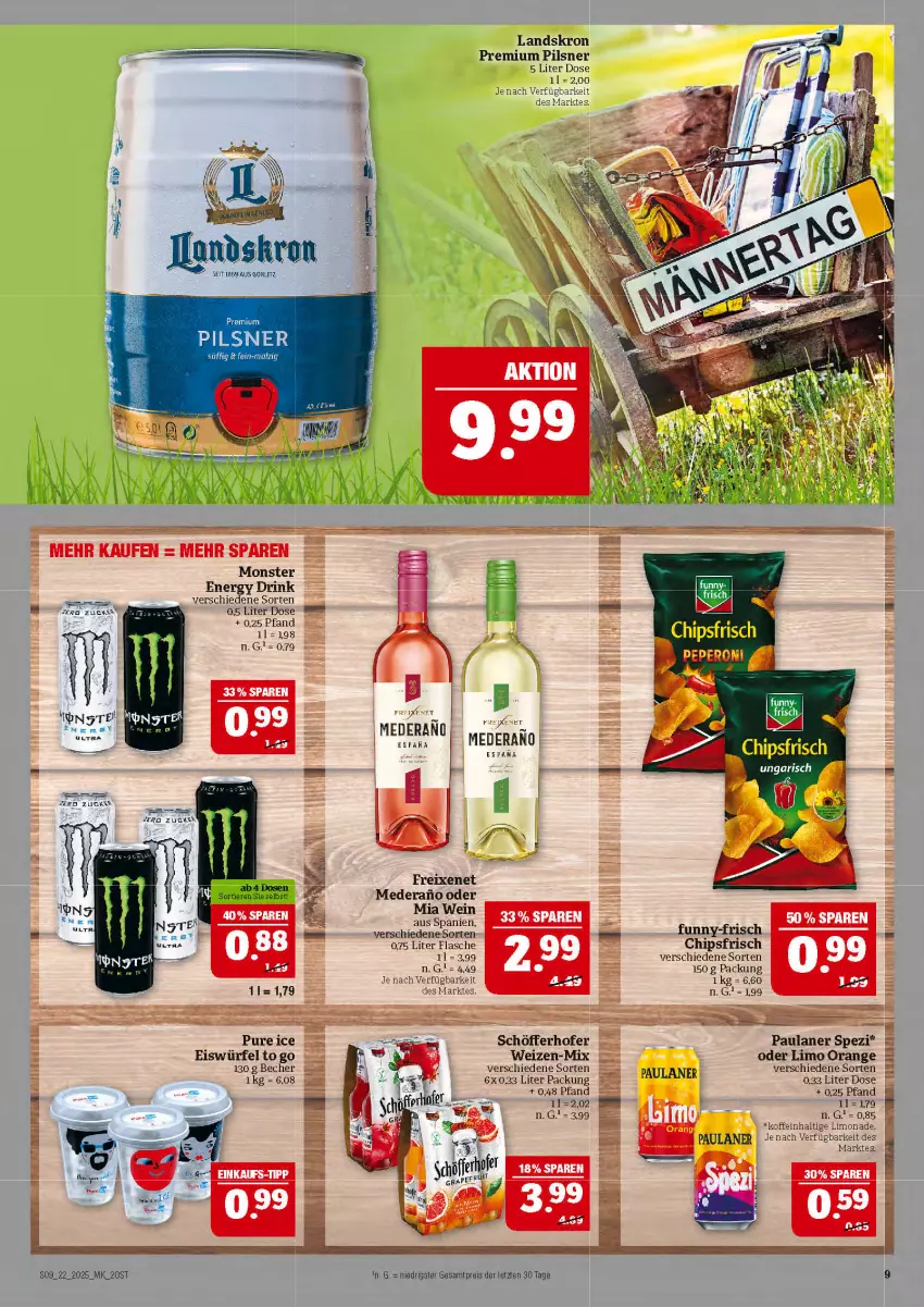 Aktueller Prospekt Marktkauf - Prospekt - von 25.05 bis 31.05.2025 - strona 9 - produkty: Becher, chips, chipsfrisch, drink, eis, eiswürfel, energy drink, flasche, freixenet, funny-frisch, limo, limonade, monster, orange, Paula, paulaner, pils, pilsner, premium pils, reis, schöfferhofer, Spezi, Ti, wein, würfel, ZTE, zucker
