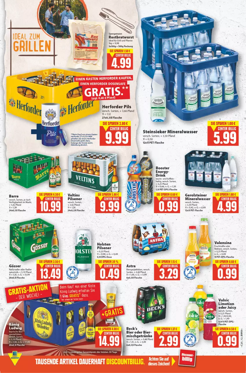 Aktueller Prospekt E Center - Angebote der Woche - von 20.06 bis 25.06.2022 - strona 11 - produkty: Alwa, Astra, bier, bierspezialitäten, bratwurst, flasche, frucht, fruchtsäfte, für grill und pfanne, gerolsteine, gerolsteiner, getränk, getränke, gösser, grill, grill und pfanne, holsten, holsten pilsener, ideal für grill, ideal für grill und pfanne, limo, mineralwasser, natur, Nektar, oder radler, pet-flasche, pfanne, pils, pilsener, radler, rostbratwurst, säfte, Spezi, steiner, Steinsieker, Ti, und pfanne, valensina, veltins, veltins pilsener, volvic, wasser, wurst, zitrone