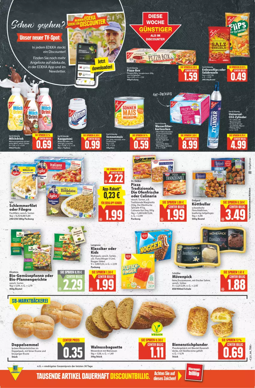 Aktueller Prospekt E Center - Angebote der Woche - von 20.06 bis 25.06.2022 - strona 6 - produkty: angebot, angebote, beutel, bio, Bio-Gemüse, bourbon, bourbonvanille, brezel, Brezeln, brot, brötchen, creme, culinaria, decke, deka, die ofenfrische, discount, Dr. Oetker, eis, filegro, filet, filets, fisch, flasche, fleisch, Fleischbällchen, getränk, gsw, hot dog, HP, iglo, karamell, kaugummi, Köttbullar, langnese, mais, mandel, margherita, milch, mint, mövenpick, Müller, müllerin art, natur, natura, nogger, nuss, Ofen, pfanne, pfannen, pizza, Pizzateig, Plunder, reis, Ria, rum, sac, sahne, salz, sauce, Schal, Schale, schlemmerfilet, Schöller, Semmel, Sprudel, tee, Ti, tomate, tomaten, tomatensauce, tradizionale, vanille, wasser, wasserfilter, wassersprudler, Weizenbrot, weizenbrötchen, ZTE