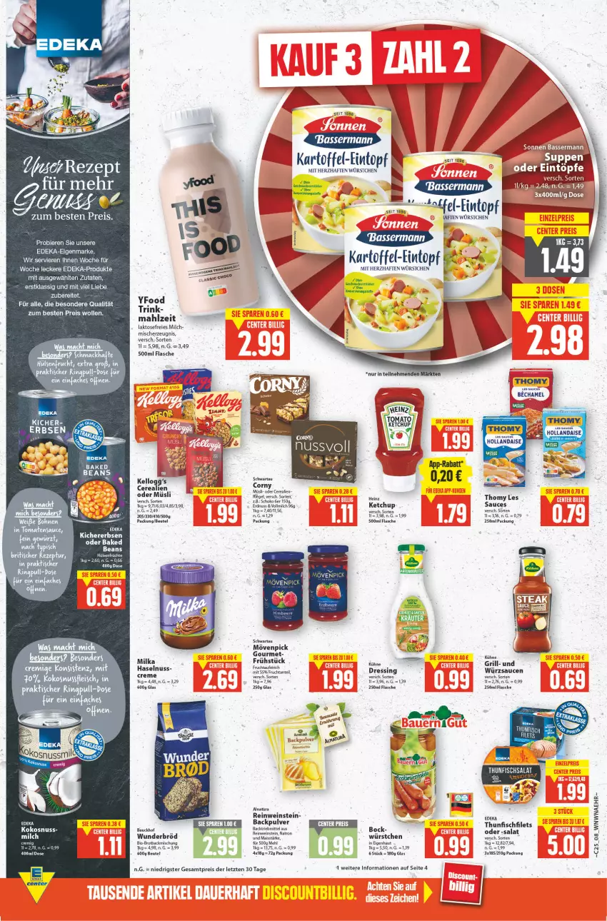 Aktueller Prospekt E Center - Angebote der Woche - von 20.06 bis 25.06.2022 - strona 8 - produkty: backmischung, Bau, beutel, bier, Biere, bio, brot, cerealien, corny, deka, eintopf, eintöpfe, eis, erbsen, erdnuss, filet, filets, fisch, flasche, fleisch, frucht, grill, haselnuss, heinz, hollandaise, kartoffel, ketchup, kokos, kokosnuss, Kraut, mais, mehl, milch, mövenpick, müsli, natur, natura, nuss, reis, riegel, salat, sauce, schoko, Schwartau, thomy, thunfisch, Thunfischsalat, Ti, tisch, tomate, tomaten, tomatensauce, topf, vollmilch, wein, wolle, würstchen, ZTE