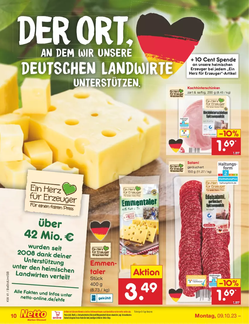 Aktueller Prospekt Netto Marken-Discount - Filial-Angebote - von 09.10 bis 14.10.2023 - strona 10 - produkty: bestpreis, eis, emmentaler, hinterschinken, ndk, reis, saft, salami, schinken, Ti