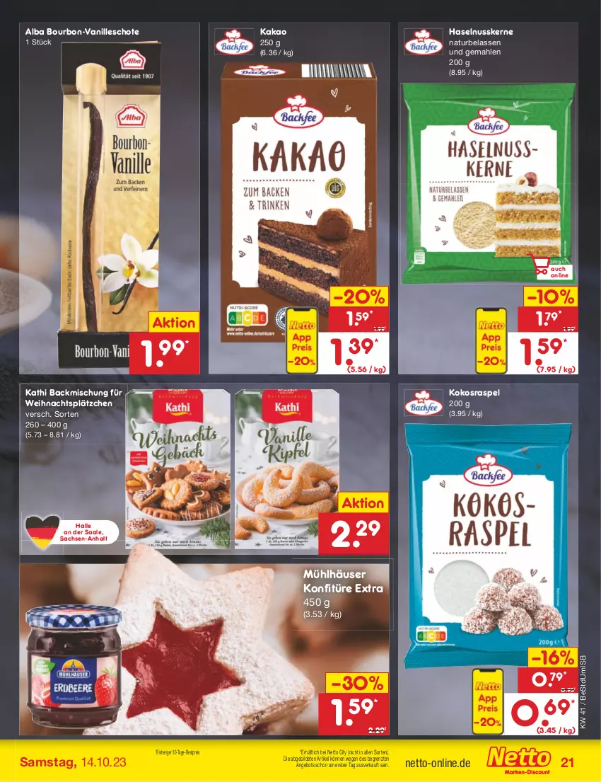 Aktueller Prospekt Netto Marken-Discount - Filial-Angebote - von 09.10 bis 14.10.2023 - strona 21 - produkty: angebot, backmischung, bestpreis, bourbon, eis, haselnuss, kakao, kokos, konfitüre, konfitüre extra, Lätzche, mühlhäuser, natur, nuss, reis, sac, Ti, vanille, ZTE