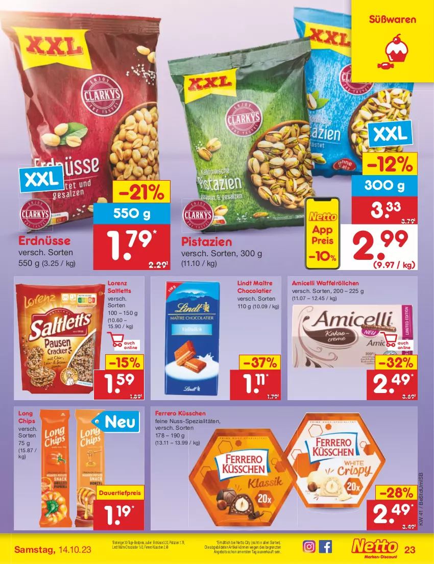 Aktueller Prospekt Netto Marken-Discount - Filial-Angebote - von 09.10 bis 14.10.2023 - strona 23 - produkty: amicelli, angebot, auer, bestpreis, chips, cola, dauertiefpreis, eis, erdnüsse, ferrero, Ferrero Küsschen, lindt, lorenz, nuss, pistazien, reis, saltletts, Spezi, Ti, tiefpreis, Waffelröllchen, ZTE