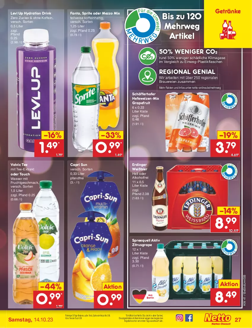 Aktueller Prospekt Netto Marken-Discount - Filial-Angebote - von 09.10 bis 14.10.2023 - strona 29 - produkty: alkohol, angebot, asti, auer, bestpreis, bier, Cap, drink, eis, erdinger, fanta, flasche, frucht, getränk, getränke, grapefruit, Hefe, hefeweizen, mac, Mezzo Mix, mit frucht, reis, rwe, schöfferhofer, Spreequell, sprite, tee, Ti, volvic, wasser, ZTE, zucker