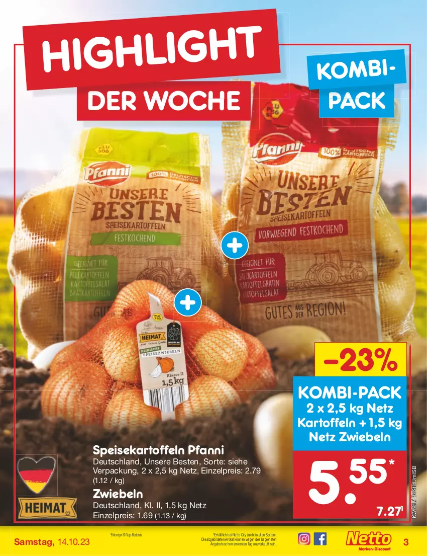 Aktueller Prospekt Netto Marken-Discount - Filial-Angebote - von 09.10 bis 14.10.2023 - strona 3 - produkty: angebot, bestpreis, eis, kartoffel, kartoffeln, pfanni, reis, speisekartoffeln, Ti, ZTE, zwiebel, zwiebeln