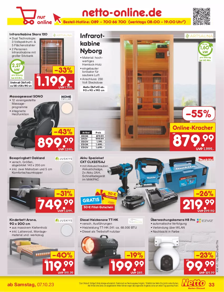 Aktueller Prospekt Netto Marken-Discount - Filial-Angebote - von 09.10 bis 14.10.2023 - strona 35 - produkty: akku, akkuschrauber, angebot, auto, Bank, Bau, bett, boxspringbett, Diesel, eis, gutschein, Holz, kamera, Kinder, Kinderbett, komfortschaumtopper, kracher, ladegerät, latte, lattenrost, LG, matratze, matratzen, reis, Ria, ring, rum, säge, schnellladegerät, sessel, sitzbank, Spektrum, Spezi, steckdose, stichsäge, telefon, Ti, tisch, topper, uhr, werkzeug, ZTE