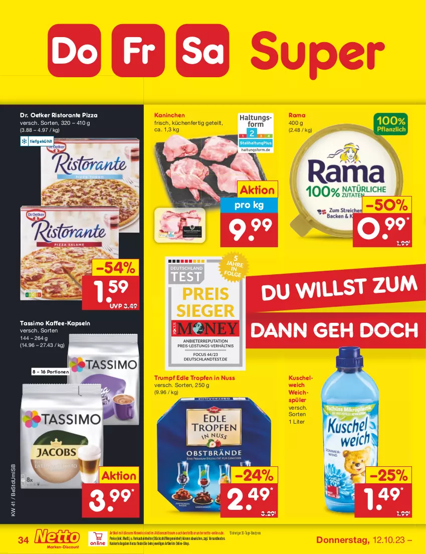 Aktueller Prospekt Netto Marken-Discount - Filial-Angebote - von 09.10 bis 14.10.2023 - strona 36 - produkty: bestpreis, Dr. Oetker, eis, kaffee, kaffee-kapseln, küche, Küchen, Kuschelweich, ndk, nuss, pizza, rama, reis, ristorante, ristorante pizza, rum, sim, tassimo, Ti, weichspüler