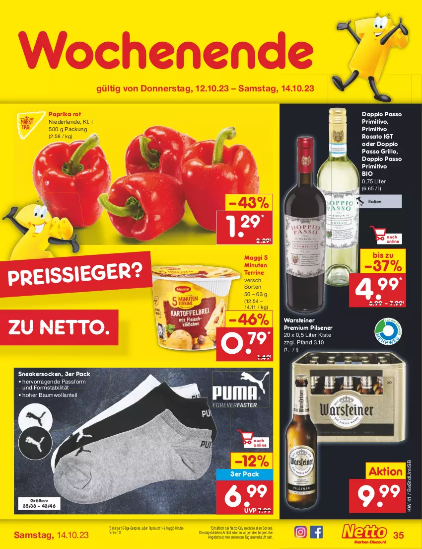 Aktueller Prospekt Netto Marken-Discount - Filial-Angebote - von 09.10 bis 14.10.2023 - strona 37 - produkty: angebot, Bau, bestpreis, bio, doppio passo, eis, grill, grillo, maggi, paprika, paprika rot, passo, pils, pilsener, premium pils, primitivo, reis, reiss, rosato, sneaker, sneakersocken, socken, steiner, terrine, Ti, warsteiner, ZTE