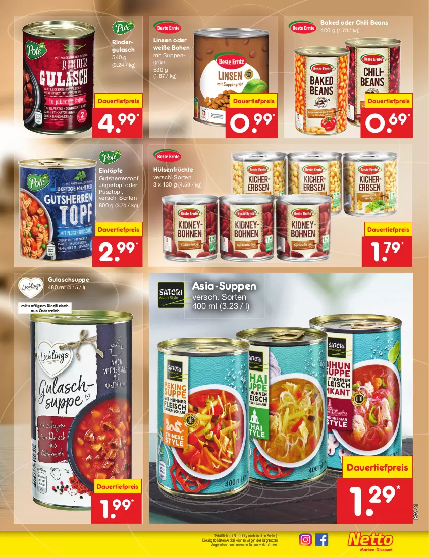 Aktueller Prospekt Netto Marken-Discount - Filial-Angebote - von 09.10 bis 14.10.2023 - strona 49 - produkty: angebot, auer, chili, dauertiefpreis, eintöpfe, eis, fleisch, früchte, gulasch, Gulaschsuppe, hülsenfrüchte, linsen, reis, rind, rinder, rindergulasch, rindfleisch, saft, senf, suppe, suppen, Ti, tiefpreis, topf, ZTE