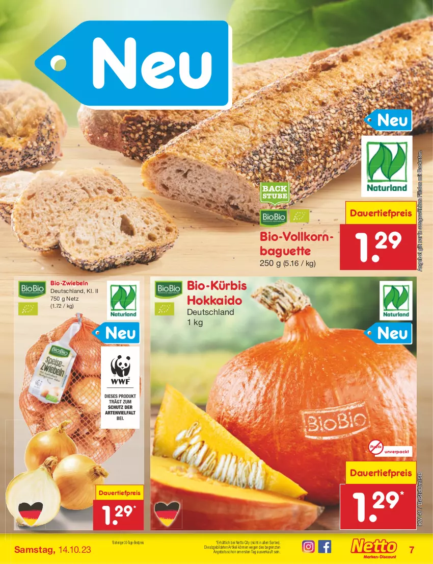 Aktueller Prospekt Netto Marken-Discount - Filial-Angebote - von 09.10 bis 14.10.2023 - strona 7 - produkty: angebot, asti, auer, backofen, baguette, bestpreis, bio, dauertiefpreis, eis, korn, Kürbis, Ofen, reis, Ti, tiefpreis, ZTE, zwiebel, zwiebeln