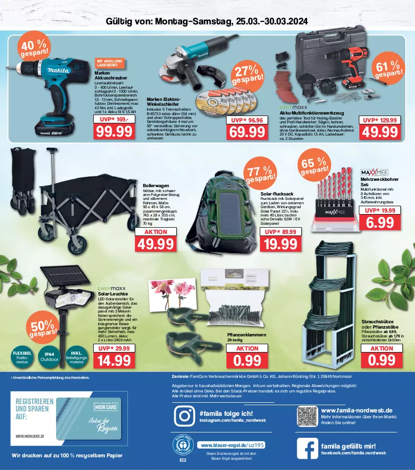 Aktueller Prospekt Famila - Prospekte - von 25.03 bis 30.03.2024 - strona 4 - produkty: akku, akkuschrauber, auer, aufbewahrungsbox, bollerwagen, drucker, eis, Elektro, elle, Engel, Hobby, kerze, Klammern, ladegerät, lamm, Leuchte, LG, papier, pflanze, pflanzen, Rauch, regal, reis, Rowi, rucksack, rwe, sac, säge, schrauben, teller, Ti, weck, werkzeug, Winkelschleifer