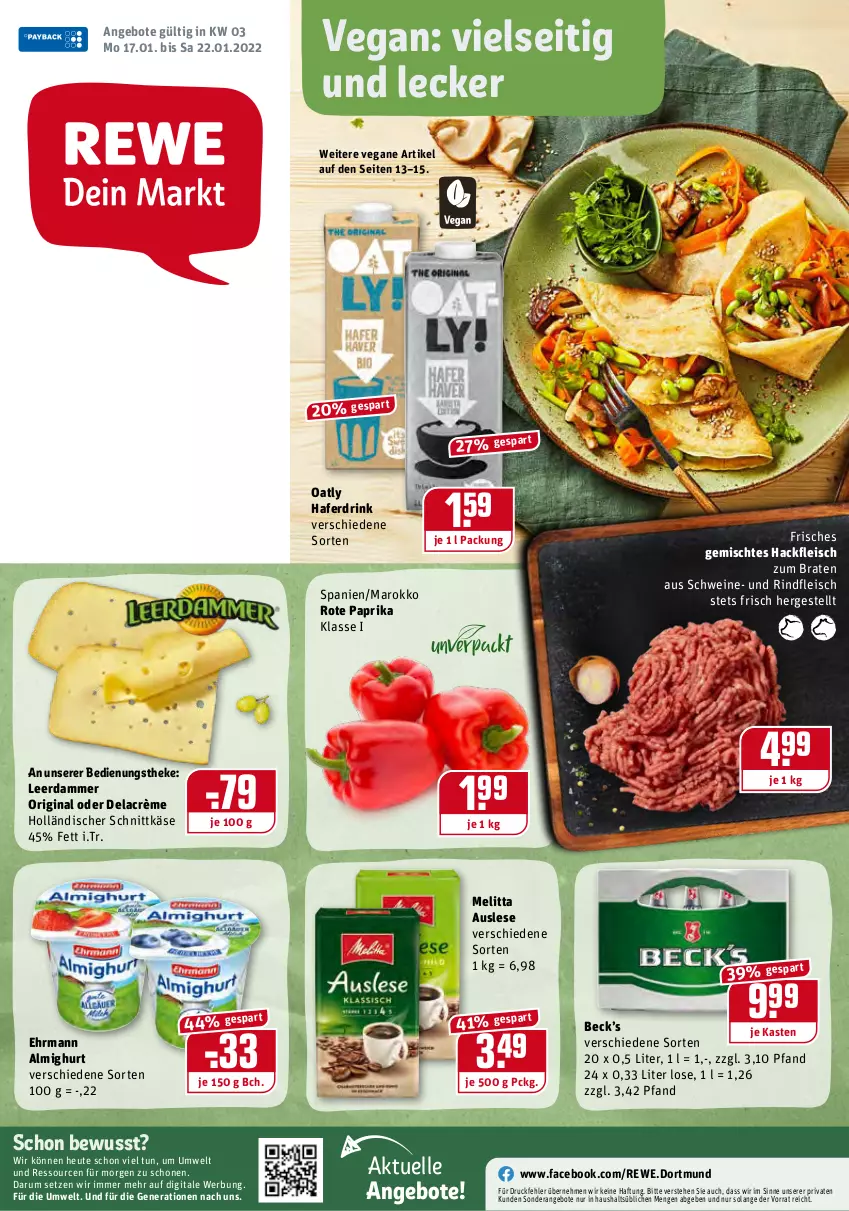 Aktueller Prospekt Rewe - Diese Woche im Angebot! - von 17.01 bis 22.01.2022 - strona 1 - produkty: almighur, almighurt, angebot, angebote, braten, drink, ehrmann, ehrmann almighurt, eis, elle, fleisch, gin, hackfleisch, hafer, Haferdrink, Heu, holländischer schnittkäse, Käse, leerdammer, melitta, paprika, rind, rindfleisch, rum, schnittkäse, schwein, schweine, Ti, wein, weine