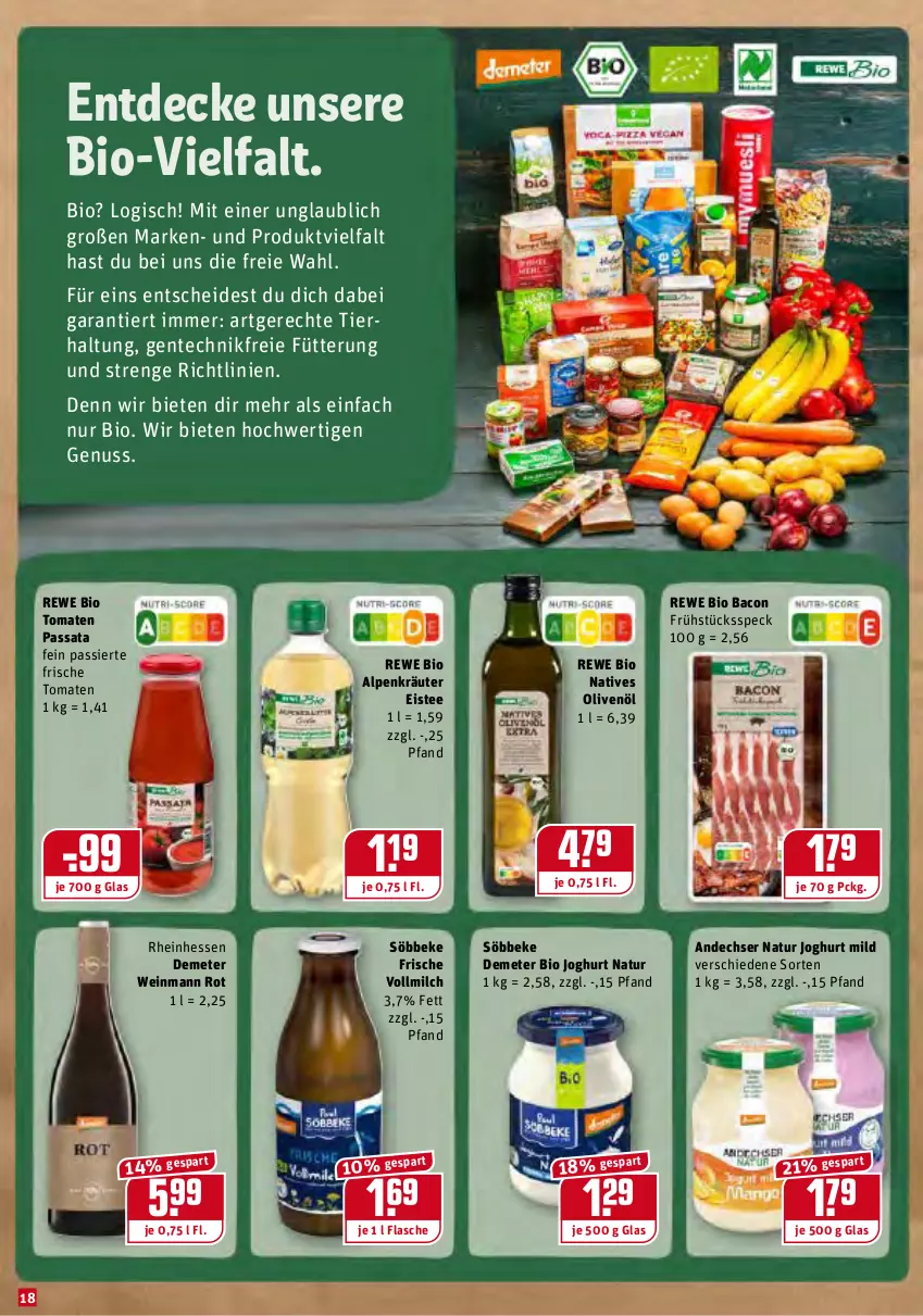 Aktueller Prospekt Rewe - Diese Woche im Angebot! - von 17.01 bis 22.01.2022 - strona 18 - produkty: andechser natur, bacon, bio, decke, eis, eistee, ente, flasche, Frühstücksspeck, joghur, joghurt, joghurt mild, kräuter, milch, natives olivenöl, natur, nuss, olive, oliven, olivenöl, rewe bio, söbbeke, Speck, tee, Ti, tomate, tomaten, vollmilch, wein