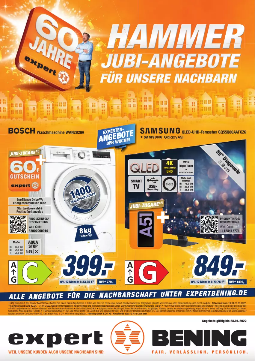 Aktueller Prospekt Expert Aurich - Prospekte - von 22.01 bis 28.01.2022 - strona 1 - produkty: angebot, angebote, aqua, Bank, bosch, dvb, DVB-T, eis, elle, fernseher, gutschein, LG, Persona, qled, reis, rwe, smart tv, teller, Ti, tisch, tuner, uhd, usb, waschmaschine