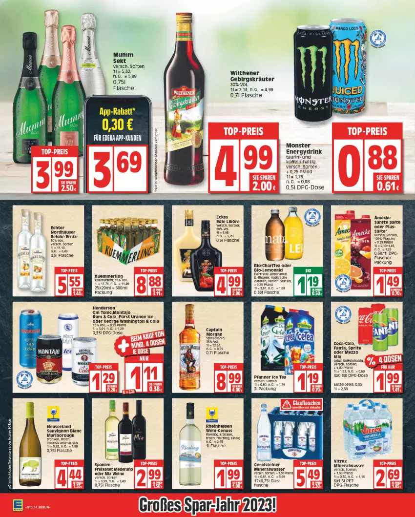 Aktueller Prospekt Edeka - Angebote der Woche - von 06.03 bis 11.03.2023 - strona 14 - produkty: Alwa, amecke, bio, Cap, captain morgan, coca-cola, cola, drink, eis, Elan, enders, fanta, flasche, freixenet, frucht, gerolsteine, gerolsteiner, gin, ice tea, kräuter, kräuterlikör, kuemmerling, likör, limo, limonade, limonaden, merl, Mezzo Mix, mineralwasser, monster, Monster Energy, mumm, nuss, pfanne, Pfanner, reis, riesling, rum, säfte, sauvignon, sauvignon blanc, sprite, steiner, tee, Ti, tisch, tonic, vitrex, wasser, wein, weine, wilthener, ZTE