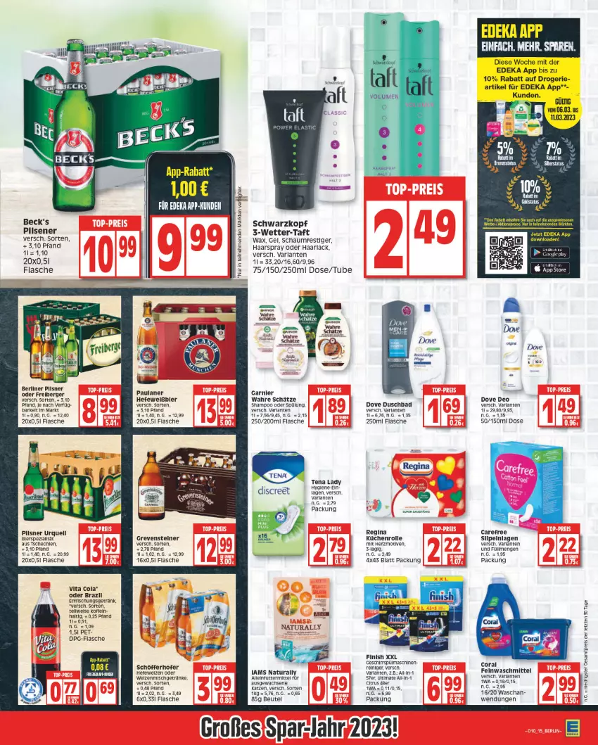 Aktueller Prospekt Edeka - Angebote der Woche - von 06.03 bis 11.03.2023 - strona 15 - produkty: alleinfuttermittel, arla, Bad, beck's, Berger, berliner, beutel, carefree, citrus, cola, Coral, deka, deo, Discreet, dove, duschbad, eis, erfrischungsgetränk, feinwaschmittel, Finish, flasche, Freiberger, garnier, geschirr, getränk, getränke, gin, grevensteiner, Haarlack, haarspray, Hefe, küche, Küchen, küchenrolle, lack, LG, natur, natura, Paula, paulaner, pils, pilsener, pilsner, reiniger, reis, Ria, schaumfestiger, schöfferhofer, schwarzkop, schwarzkopf, shampoo, shampoo oder spülung, spülmaschinen, spülung, steiner, Taft, tee, Tena Lady, Ti, vita, Vita C, Wahre Schätze, waschmittel, Wels, ZTE