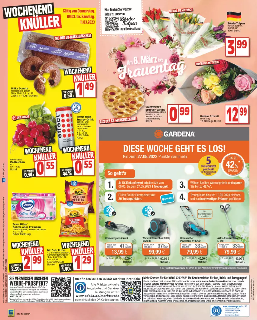 Aktueller Prospekt Edeka - Angebote der Woche - von 06.03 bis 11.03.2023 - strona 16 - produkty: akku, angebot, angebote, aqua, arla, auer, beutel, creme, deka, deutschlandcard, Donut, donuts, drink, Effect, eis, elle, Engel, gin, LG, Liege, mc cain, milka, papier, Plunder, radieschen, rasen, rasenmäher, reis, rel, schlauch, telefon, teller, Thea, Ti, uhr, vanille, Weste, zewa, ZTE