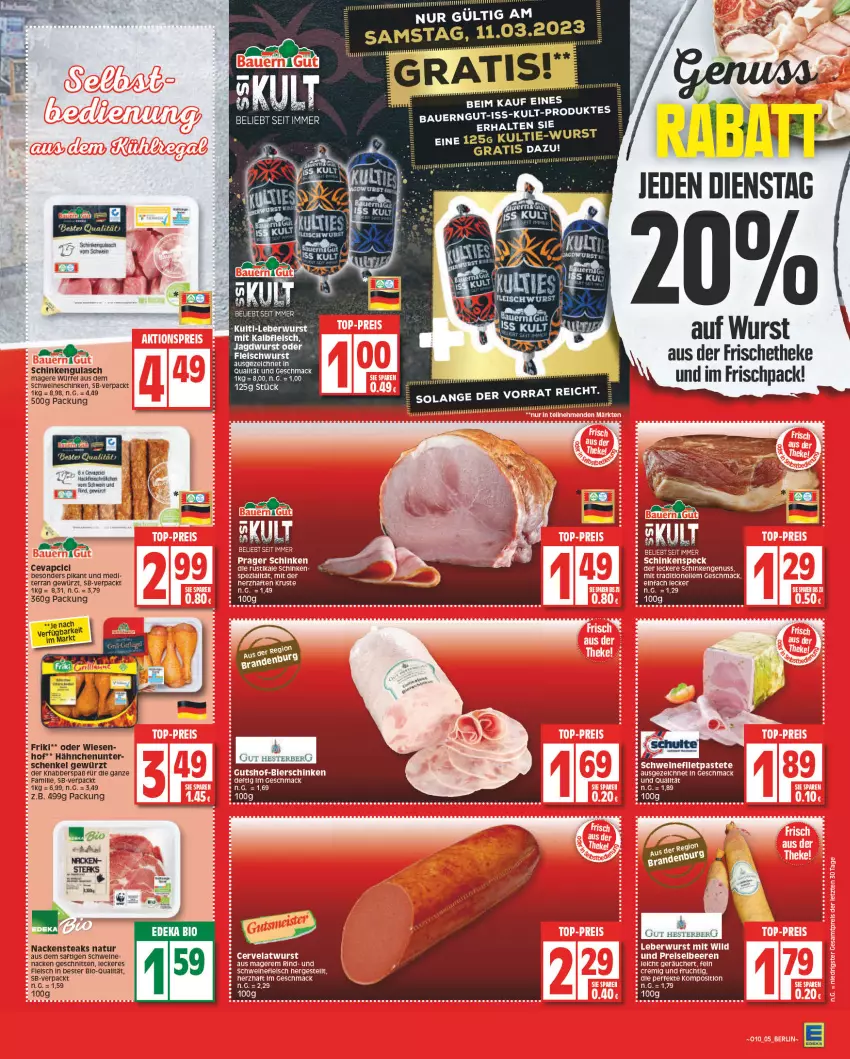 Aktueller Prospekt Edeka - Angebote der Woche - von 06.03 bis 11.03.2023 - strona 5 - produkty: auer, Bau, Bauer, bauerngut, beere, beeren, bier, bierschinken, cevapcici, eis, elle, fleisch, frucht, gewürz, gin, gulasch, henkel, HP, leberwurst, LG, mac, Nackensteak, nackensteaks, natur, ndk, nuss, reis, rind, saft, schenkel, schinken, schinkenspeck, schnitten, schwein, schweine, schweinefleisch, Speck, steak, steaks, Ti, wein, weine, würfel, wurst