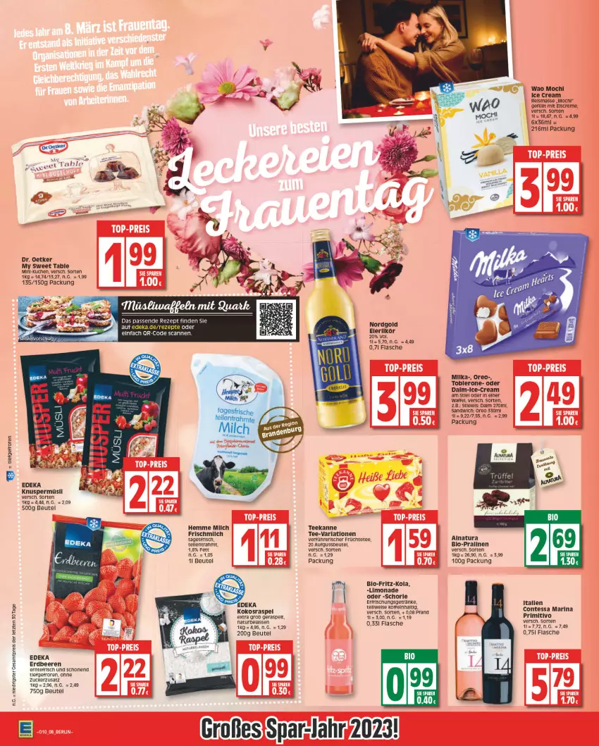 Aktueller Prospekt Edeka - Angebote der Woche - von 06.03 bis 11.03.2023 - strona 8 - produkty: arla, beere, beeren, beutel, bio, creme, deka, Dr. Oetker, eier, eierlikör, eis, eiscreme, elle, erdbeere, erdbeeren, erfrischungsgetränk, erfrischungsgetränke, flasche, fritz, fritz-kola, früchte, Früchtetee, getränk, getränke, Knuspermüsli, kokos, kuchen, likör, limo, limonade, milch, milka, Mochi, müsli, my sweet table, natur, natura, oreo, pralinen, reis, rel, rezept, rezepte, sandwich, schorle, tee, teekanne, Ti, toblerone, ZTE, zucker