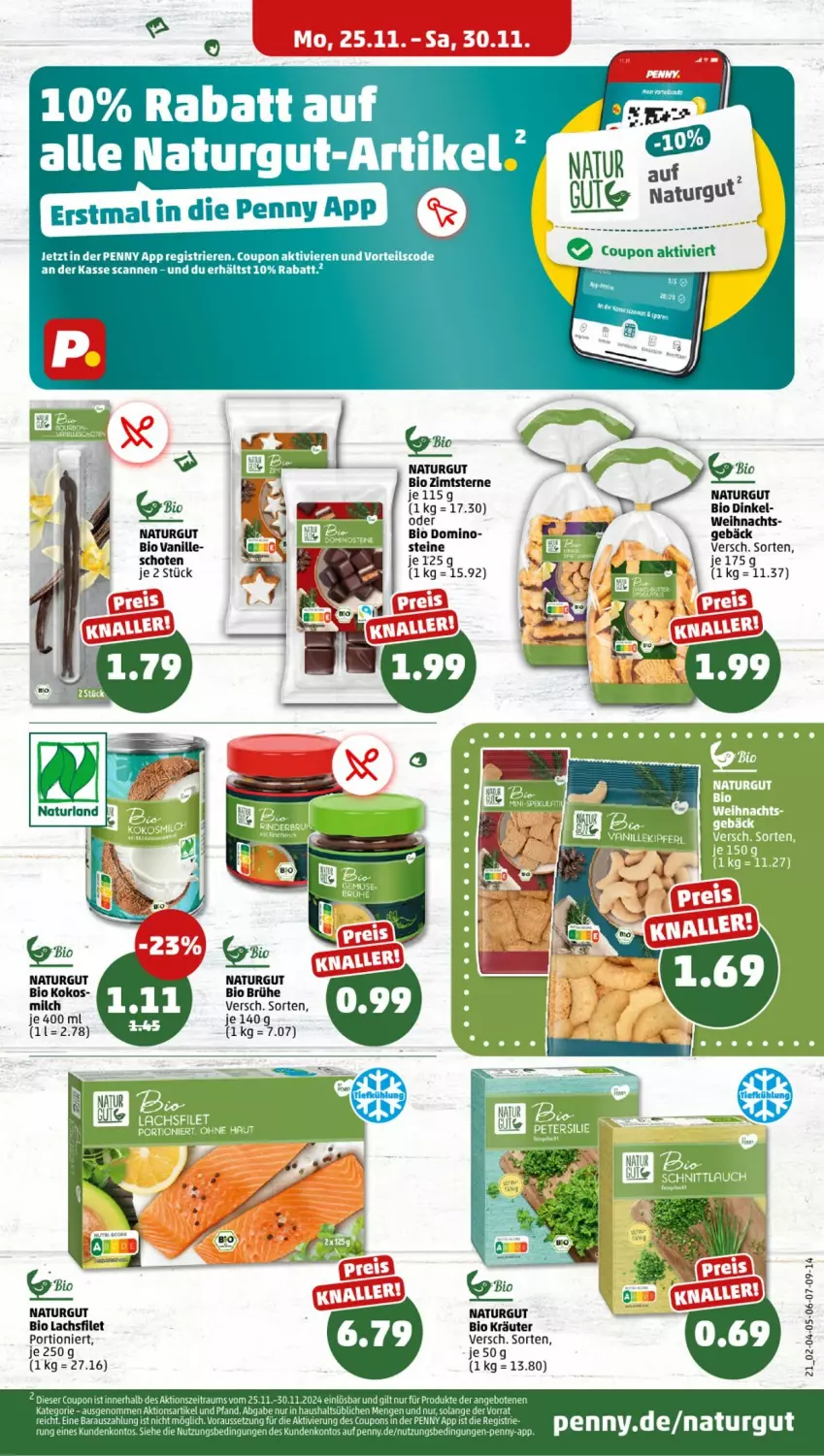 Aktueller Prospekt Penny - Prospekte - von 25.11 bis 30.11.2024 - strona 21 - produkty: angebot, angebote, bio, Brühe, coupon, coupons, filet, kokos, kräuter, lachs, lachsfilet, milch, natur, schnittlauch, Ti, vanille