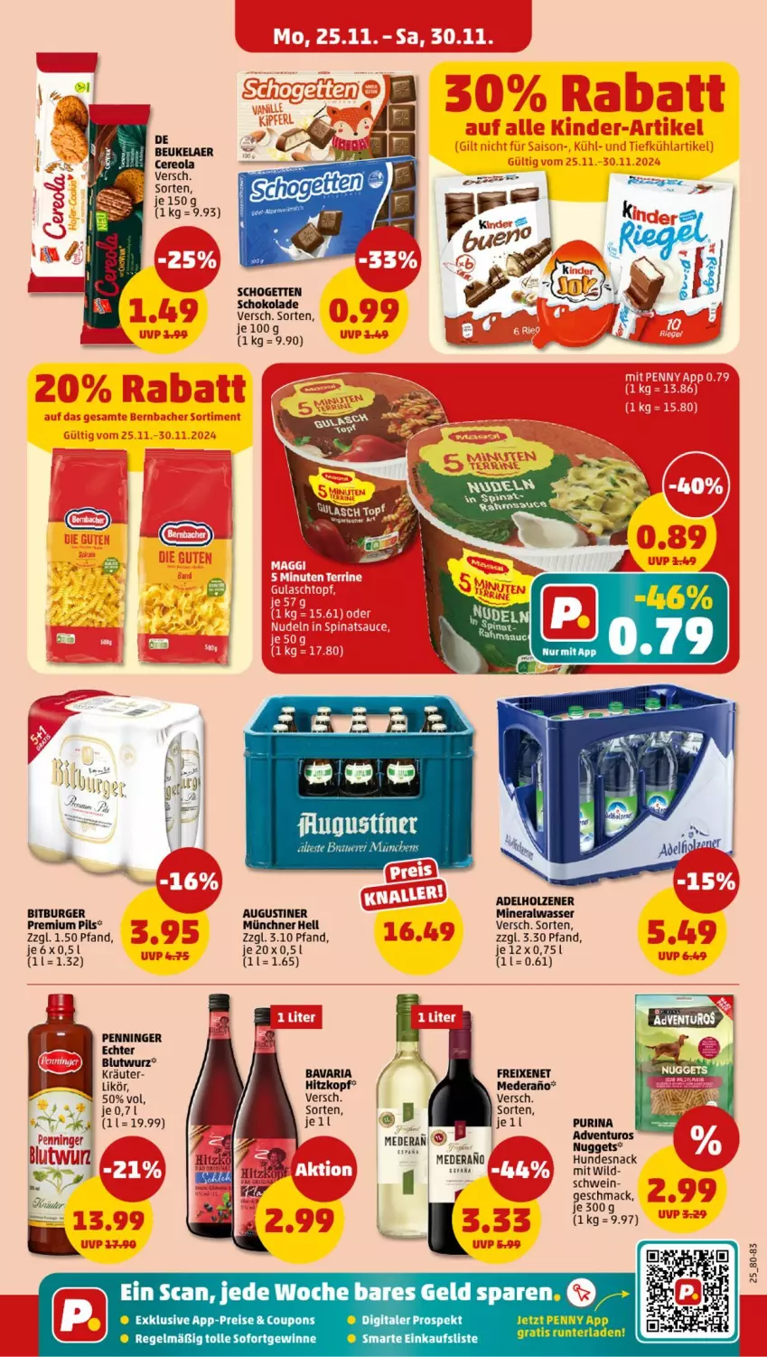 Aktueller Prospekt Penny - Prospekte - von 25.11 bis 30.11.2024 - strona 25 - produkty: adelholzener, Alwa, bitburger, burger, coupon, coupons, eis, freixenet, Holz, hundesnack, kräuter, likör, mac, mineralwasser, pils, premium pils, purina, reis, Ria, schogetten, schoko, schokolade, shake, snack, Ti, wasser