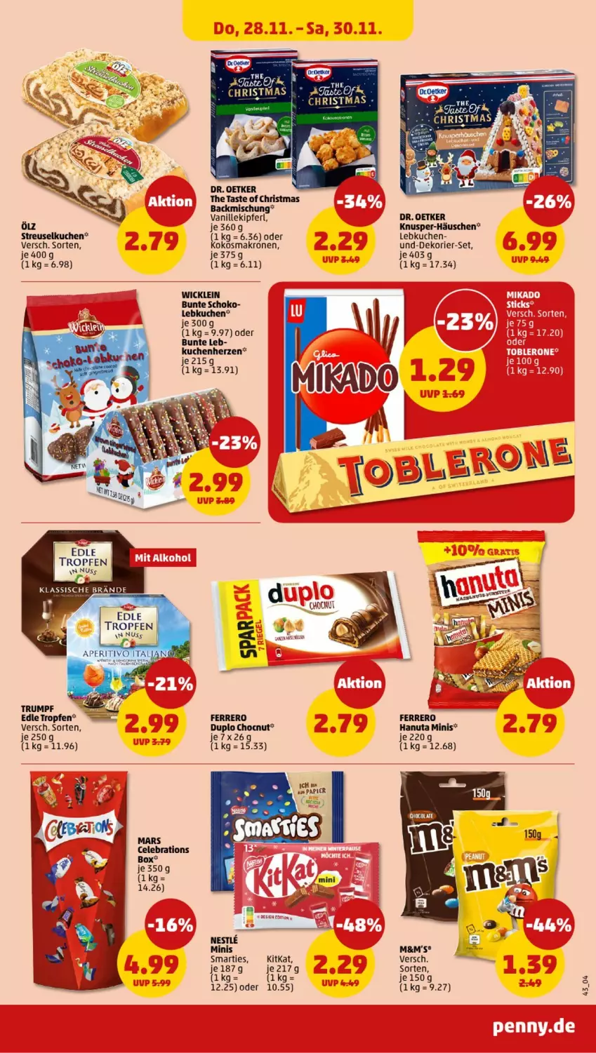 Aktueller Prospekt Penny - Prospekte - von 25.11 bis 30.11.2024 - strona 43 - produkty: backmischung, Dr. Oetker, duplo, ferrero, hanuta, kitkat, krone, kuchen, Lebkuchen, mars, papier, rum, schoko, smarties, Streuselkuchen, Ti, vanille, WICK