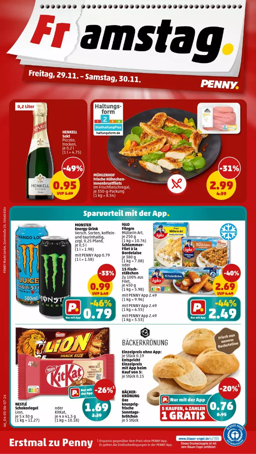 Aktueller Prospekt Penny - Prospekte - von 25.11 bis 30.11.2024 - strona 46 - produkty: auer, bordelaise, brötchen, drink, eis, Engel, filegro, filet, fisch, HDD, henkel, henkell, iglo, kitkat, lion, monster, Monster Energy, Müller, müllerin art, reis, riegel, schoko, schokoriegel, Ti