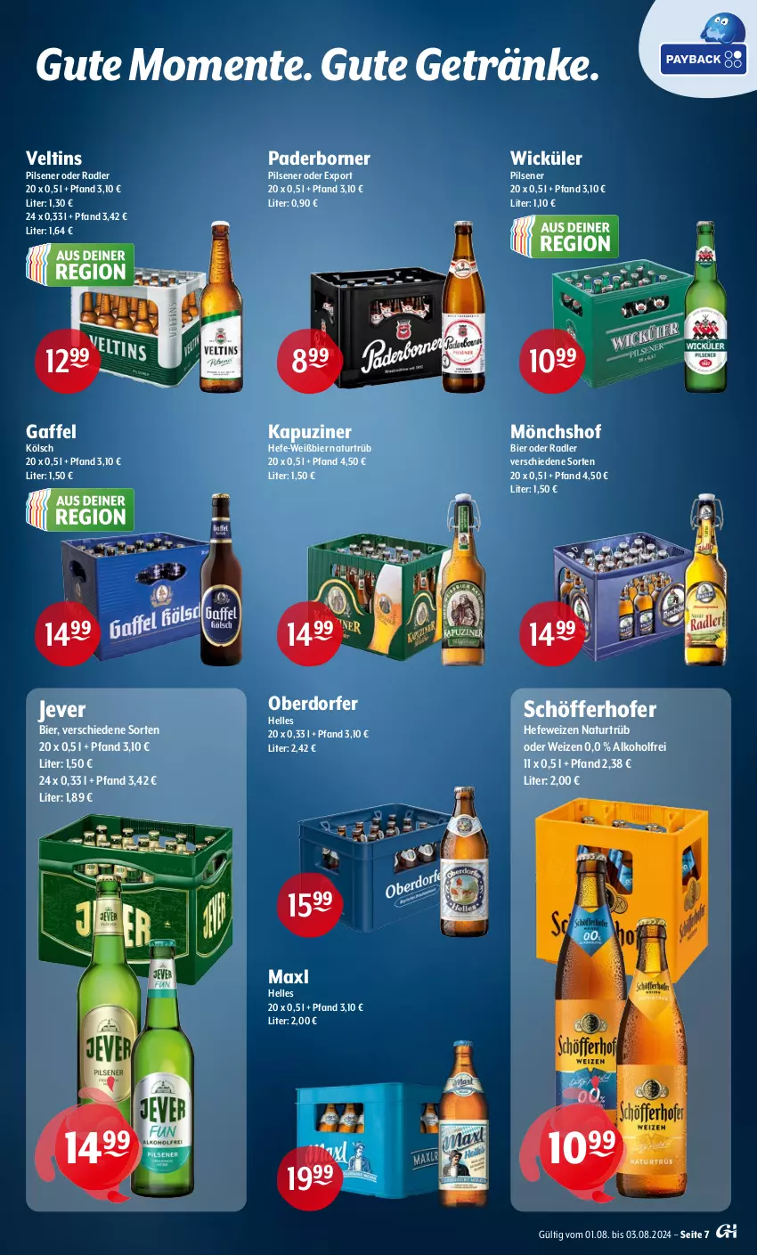 Aktueller Prospekt Getraenke Hoffmann - Prospekte - von 01.08 bis 03.08.2024 - strona 7 - produkty: alkohol, bier, elle, ente, getränk, getränke, Hefe, hefeweizen, jever, Maxl Helles, mönchshof, natur, oder radler, pils, pilsener, radler, schöfferhofer, Ti, veltins, veltins pilsener, WICK