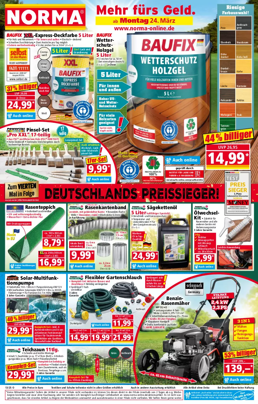 Aktueller Prospekt Norma - Norma - von 24.03 bis 31.03.2025 - strona 1 - produkty: asti, auer, Bau, Bebe, braun, brause, creme, decke, eis, elle, ente, Garten, gartenschlauch, gin, Holz, holzschutz, HP, Kette, kraft, lack, Lacke, laufräder, LG, mikrofaser, ndk, nuss, Pinsel, rasen, rasenmäher, Reinigung, reis, reiss, rwe, säge, schlauch, schuhe, Spezi, teppich, Ti, tisch, tuc, uhr, wasser