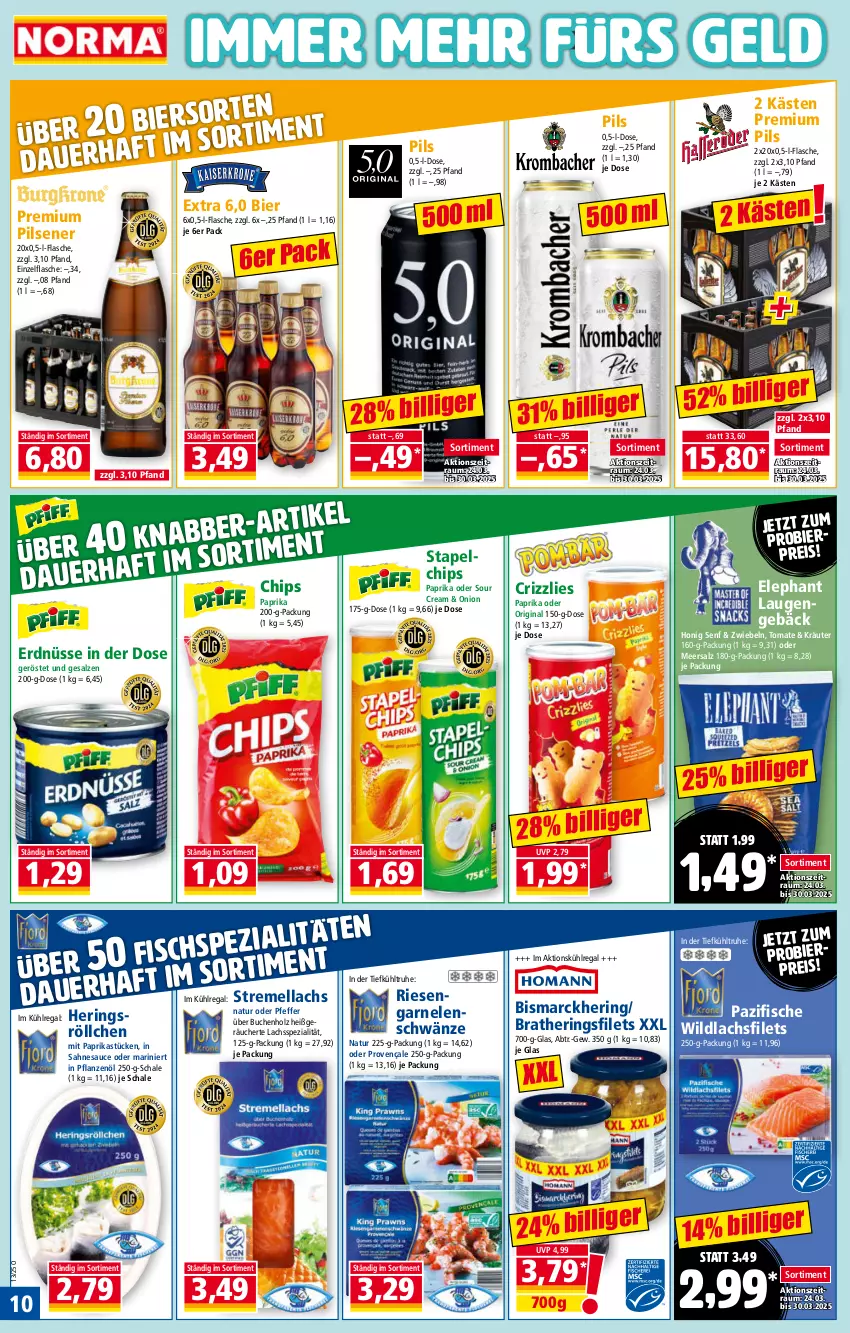 Aktueller Prospekt Norma - Norma - von 24.03 bis 31.03.2025 - strona 10 - produkty: bier, bismarck, buch, chips, eis, erdnüsse, filet, filets, fisch, fische, flasche, garnelen, gin, hering, Herings, heringsfilets, Holz, honig, kräuter, kühlregal, lachs, lachsfilet, lachsfilets, meersalz, mit paprika, natur, paprika, pfeffer, pflanze, pflanzen, Pflanzenöl, pils, pilsener, premium pils, regal, reis, riesengarnelen, ring, sahne, salz, sauce, Schal, Schale, senf, sour cream, Spezi, Ti, tomate, Wild, wildlachs, zwiebel, zwiebeln