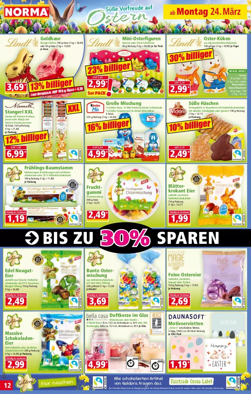 Aktueller Prospekt Norma - Norma - von 24.03 bis 31.03.2025 - strona 12 - produkty: auer, Bau, beutel, Blüte, Bonbonglas, cin, creme, Duftkerze, Edelmarzipan, eier, erde, erdnuss, frucht, fruchtgummi, haselnuss, Haselnusscreme, käfer, kakao, kerze, Kinder, kinder country, kinder schokolade, marzipan, milch, nuss, schoko, schokolade, schokoladen, senf, Serviette, servietten, Ti, vanille, vollmilch, Zartbitterschokolade