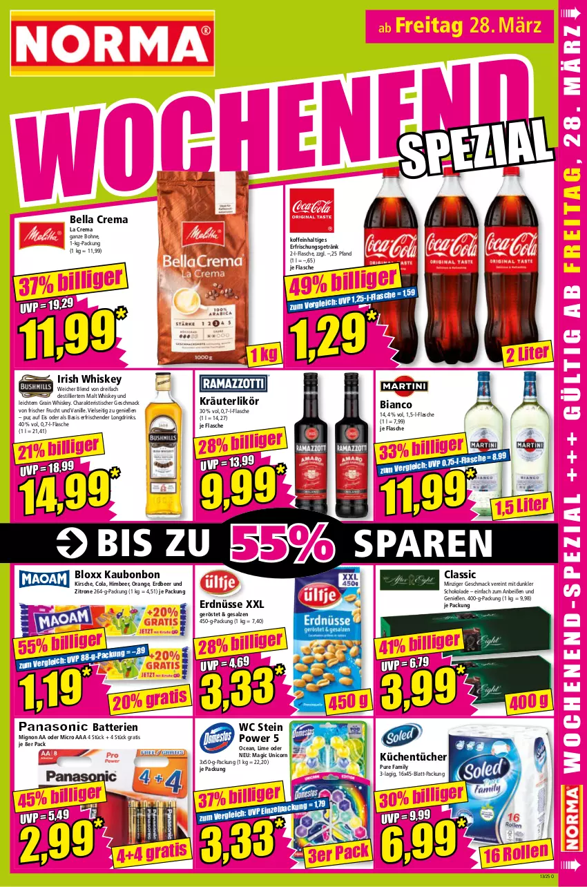 Aktueller Prospekt Norma - Norma - von 24.03 bis 31.03.2025 - strona 17 - produkty: batterie, batterien, bella crema, bohne, cola, drink, drinks, eis, erdnüsse, erfrischungsgetränk, flasche, frucht, getränk, himbeer, irish whiskey, kirsch, kirsche, kräuter, kräuterlikör, küche, Küchen, küchentücher, likör, mac, orange, salz, schoko, schokolade, Ti, tisch, tücher, vanille, whiskey, zitrone