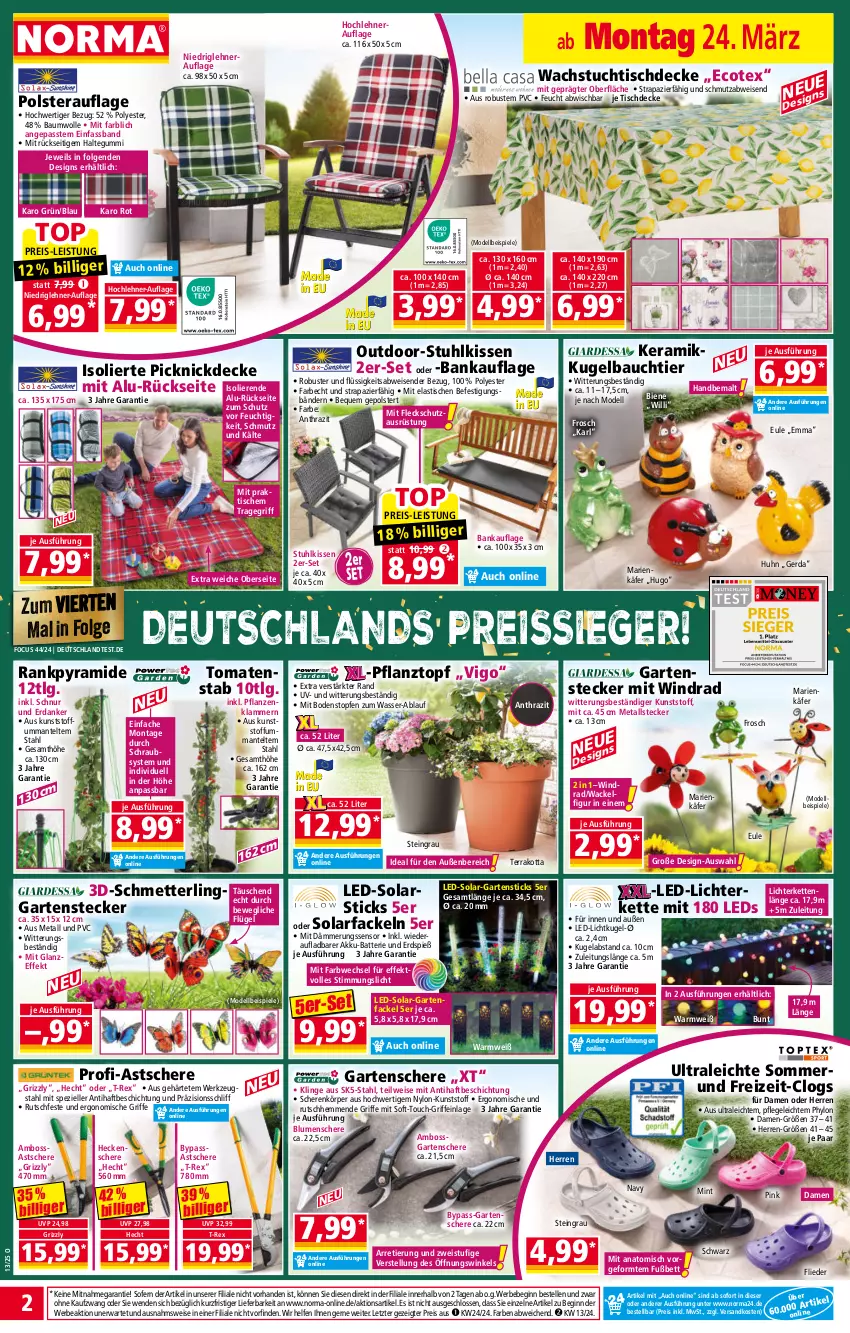 Aktueller Prospekt Norma - Norma - von 24.03 bis 31.03.2025 - strona 2 - produkty: akku, asti, Bank, batterie, Bau, baumwolle, Bebe, bett, blume, blumen, boss, Clogs, decke, dell, eis, elle, flieder, Frosch, Garten, Gartenfackel, Gartenschere, gin, gsw, heckenschere, hugo, Hylo, käfer, Kette, kissen, Klammern, Kugel, lamm, led-licht, leds, LG, lichterkette, Mantel, Mett, mint, Mode, ndk, pflanze, pflanzen, Pflanztopf, picknickdecke, reis, reiss, ring, Schere, Schmetterling, Solarfackel, Spezi, Spiele, stuhl, stuhlkissen, tesa, Ti, tisch, tischdecke, tomate, tomaten, topf, Topfen, tragegriff, tuc, wachstuch, wasser, werkzeug, wolle, ZTE