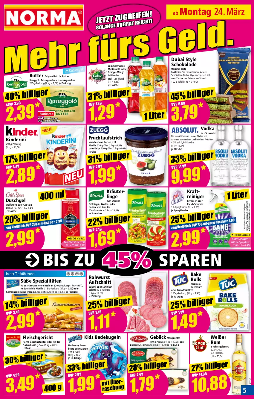 Aktueller Prospekt Norma - Norma - von 24.03 bis 31.03.2025 - strona 5 - produkty: aufschnitt, aufstrich, Bad, beere, bio, biozidprodukte, brombeere, butter, Cap, decke, deo, duschgel, eis, Fettlöser, flasche, fleisch, frucht, fruchtaufstrich, früchte, früchten, Garten, Germ, geschnetzeltes, gin, gulasch, himbeer, himbeere, irische butter, Kaiser, Kaiserschmarrn, kerrygold, kerrygold extra, Kinder, knoblauch, Knödel, kraft, kräuter, Kugel, mango, meersalz, olive, orange, pflaume, Rauch, reiniger, rind, rinder, Rohwurst, rum, rwe, salami, salz, schinken, schoko, schokolade, Spezi, Ti, tomate, vodka, wurst, Zelt