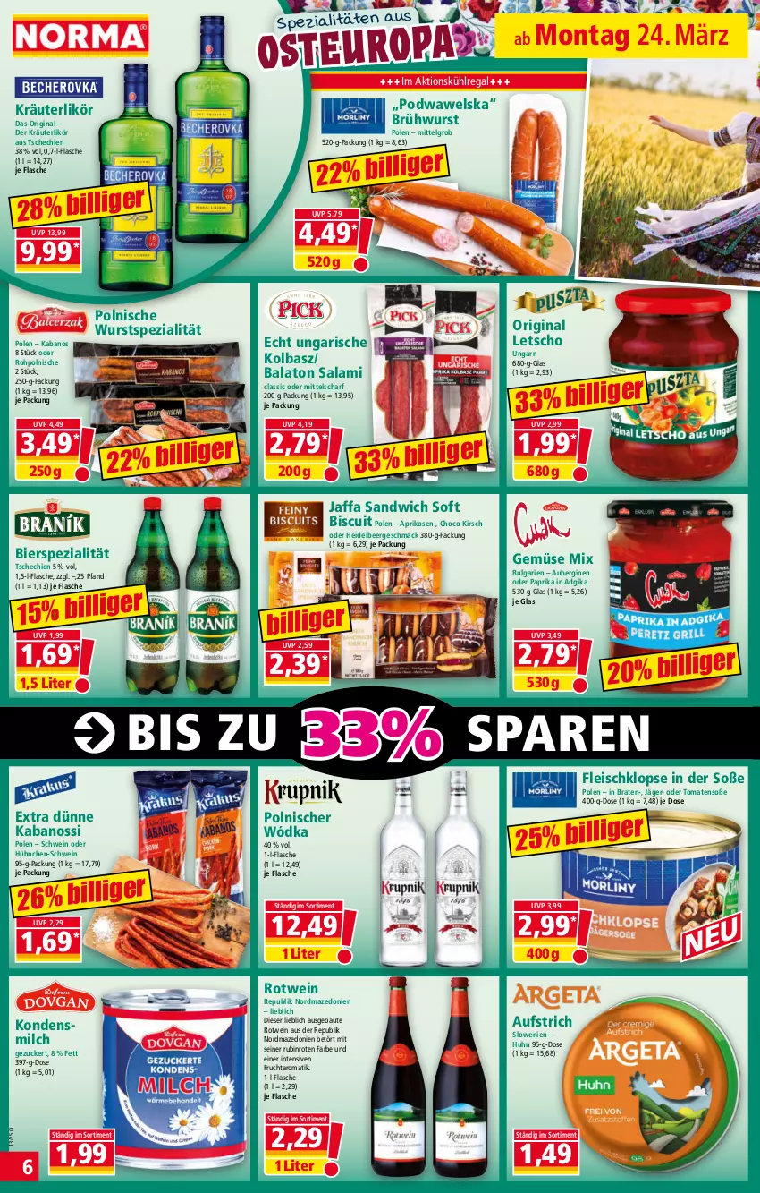 Aktueller Prospekt Norma - Norma - von 24.03 bis 31.03.2025 - strona 6 - produkty: aprikose, aprikosen, aubergine, auberginen, aufstrich, Balaton, Bau, bier, braten, Brühwurst, eis, flasche, fleisch, frucht, Gemüse Mix, gin, HP, kabanos, kirsch, kondensmilch, kräuter, kräuterlikör, kühlregal, Letscho, LG, likör, mac, milch, paprika, regal, rotwein, Rubin, salami, sandwich, schwein, Soße, Spezi, Ti, tomate, tomaten, wein, Wels, wurst, zucker