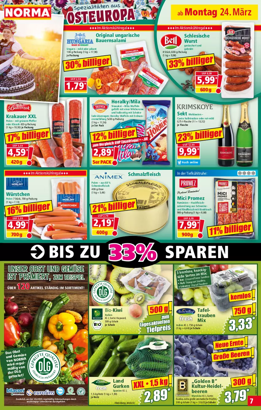 Aktueller Prospekt Norma - Norma - von 24.03 bis 31.03.2025 - strona 7 - produkty: auer, Bau, Bauer, beere, beeren, bio, creme, cuvée, eis, erde, erdnuss, flasche, fleisch, früchte, gin, gurke, gurken, hackfleisch, heidelbeere, heidelbeeren, kiwi, knoblauch, krakauer, kühlregal, LG, malz, milch, mit knoblauch, nuss, obst, Obst und Gemüse, pfeffer, regal, reis, riegel, rind, rindfleisch, rum, salami, Schal, Schale, Schmalz, schoko, schokolade, schwein, schweine, schweinefleisch, sekt, Spezi, tafeltrauben, Ti, tiefpreis, tisch, trauben, und gemüse, waffeln, wein, weine, wurst, würstchen